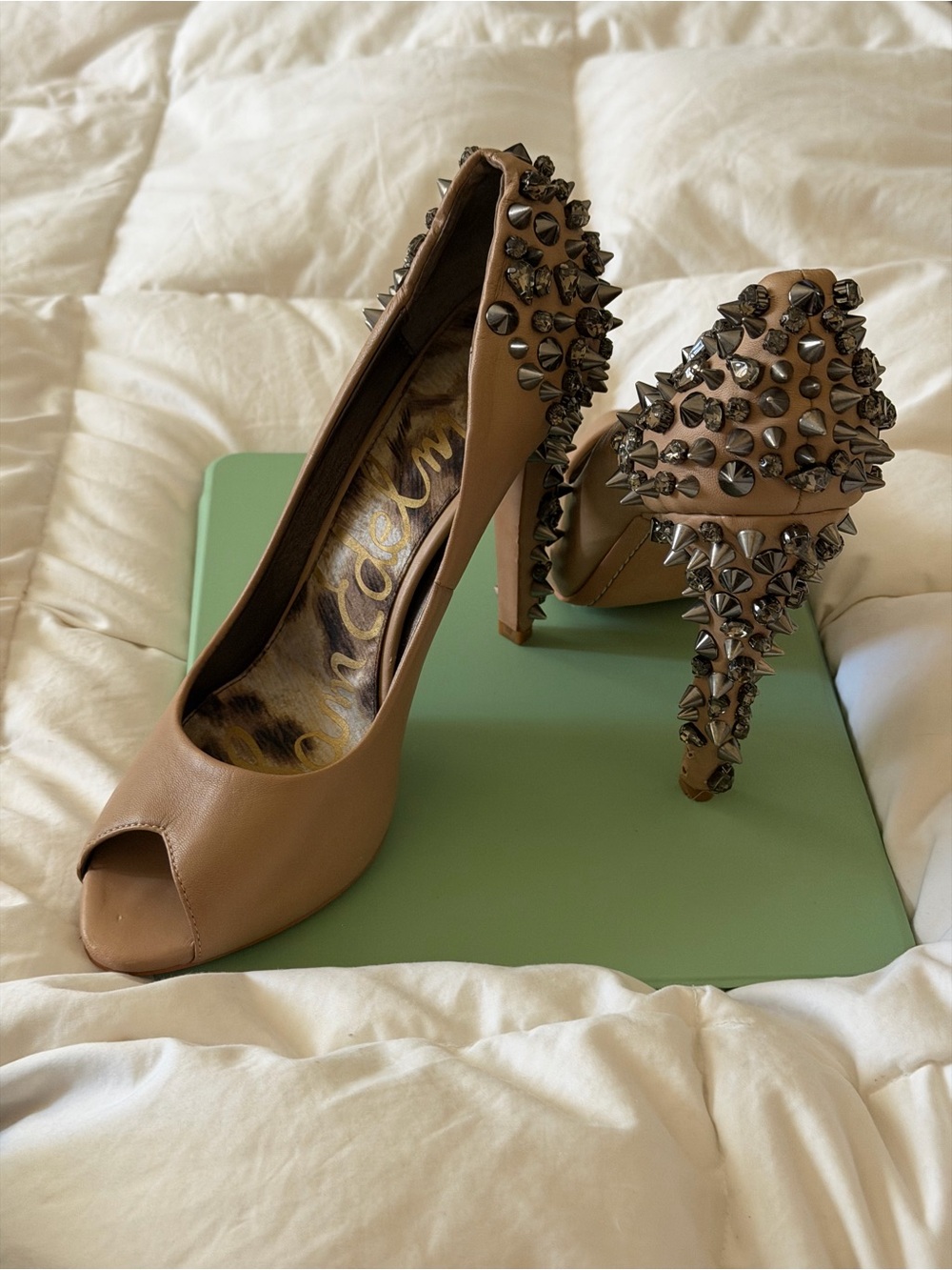 Sam Edelman Taupe Studded Peep-Toe High Heels
